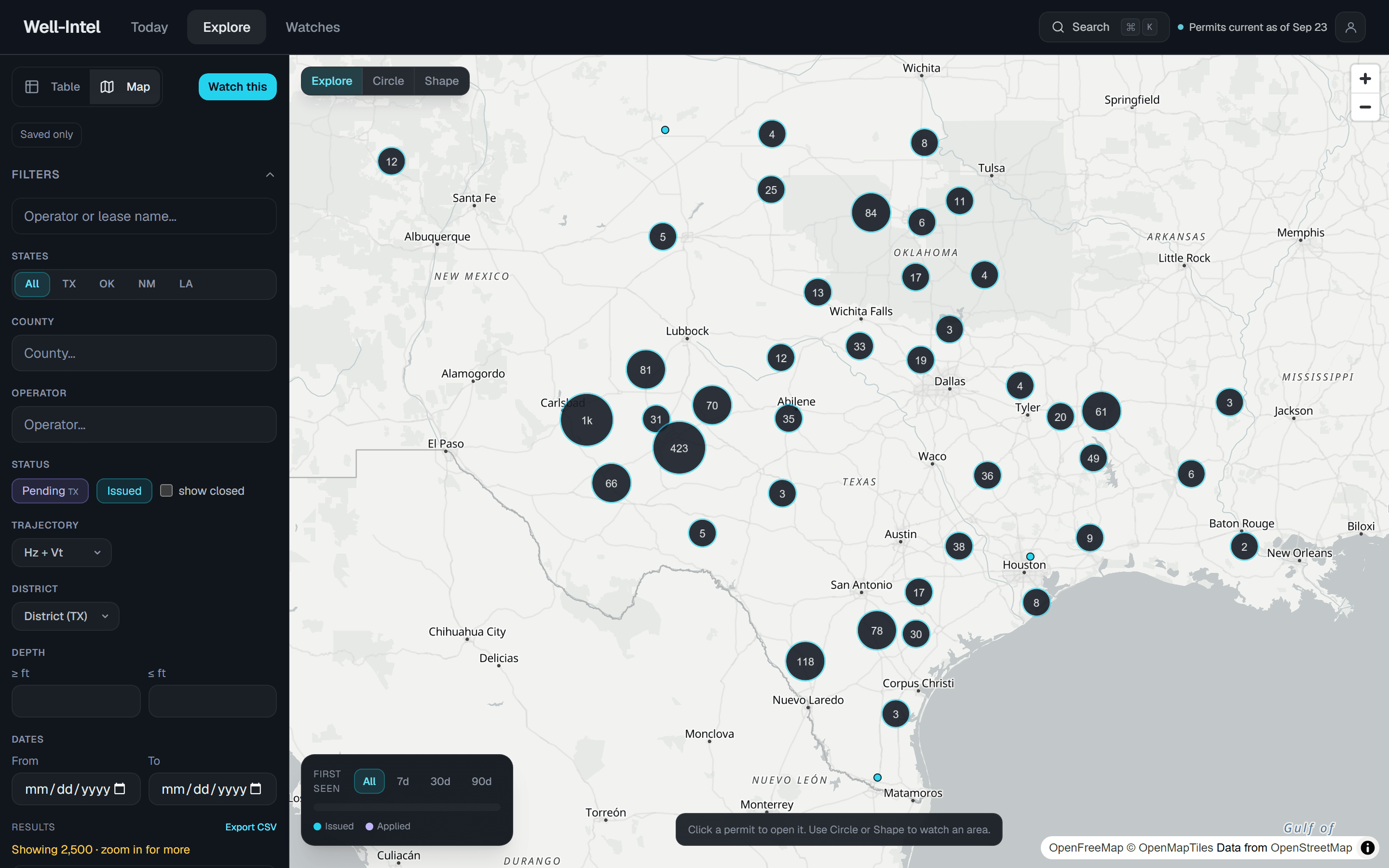 The Explore map: permits plotted in clusters across all four states.